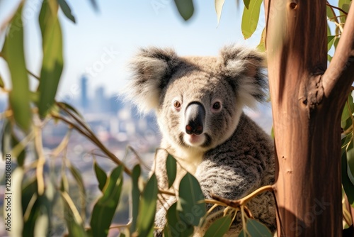 Koala resting on a eucalyptus tree branch with brisbane city skyline in the background photo