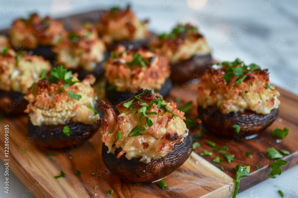 Close up of baked stuffed mushrooms, garnished with fresh parsley, resting on a rustic wooden serving board Close up of baked stuffed mushrooms, garnished with fresh parsley, resting on a rustic wooden serving board