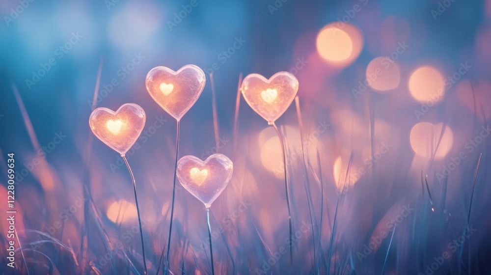 Romantic illuminated hearts on evening grass Romantic illuminated hearts on evening grass