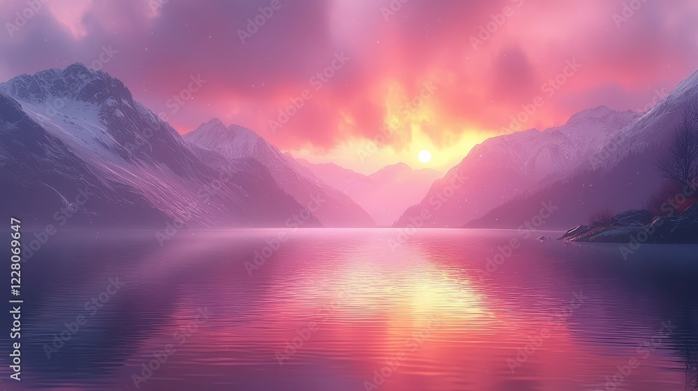 Majestic Sunrise Reflection on Tranquil Alpine Lake with Snow Capped Mountains