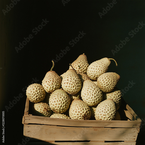 Fresh Cherimoyas in Wooden Crate with Natural Lighting and Shadows photo