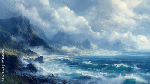A foggy coastal landscape with dramatic cliffs plunging into the ocean, waves crashing against the rocks, showcasing the raw power and untamed beauty of nature