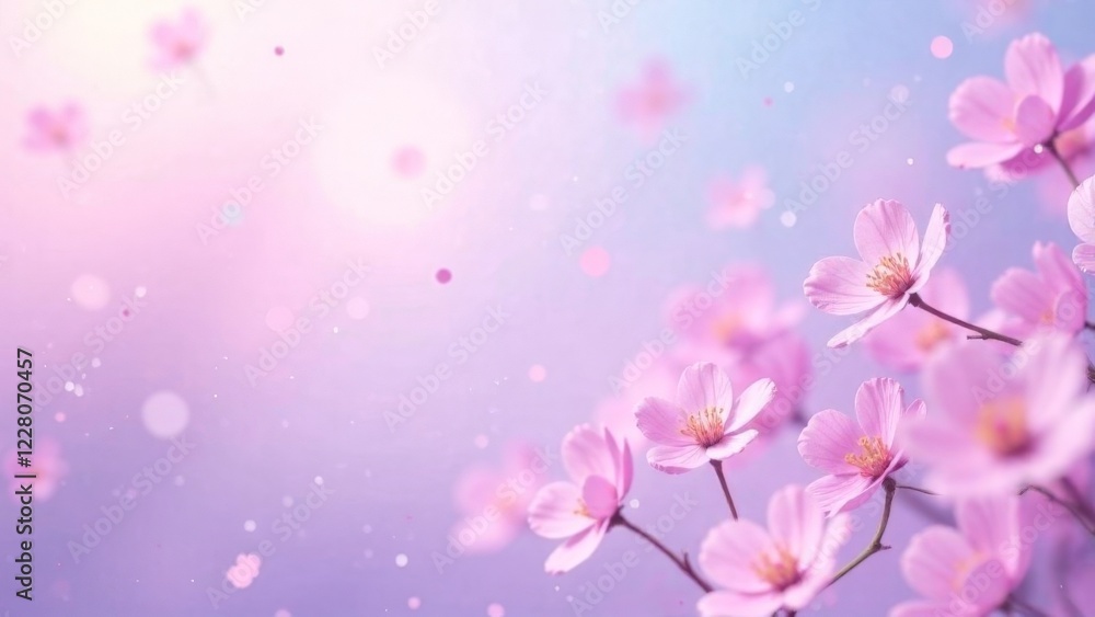 A pink flower field with a blue sky background. The flowers are scattered throughout the image, with some in the foreground and others in the background A pink flower field with a blue sky background. The flowers are scattered throughout the image, with some in the foreground and others in the background