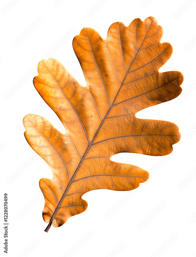 Obraz premium A single autumn leaf displays rich hues of orange, red, and gold, its crisp edges and delicate veins standing out against a pure white background, highlighting its natural beauty