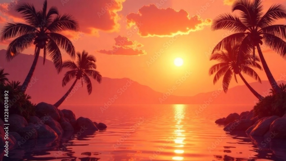 A beautiful sunset over the ocean with palm trees in the background. The sky is filled with clouds and the sun is setting, creating a warm and peaceful atmosphere A beautiful sunset over the ocean with palm trees in the background. The sky is filled with clouds and the sun is setting, creating a warm and peaceful atmosphere
