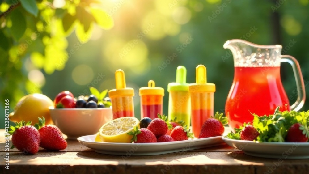 A table with a pitcher of red juice, a bowl of strawberries, and a plate of fruit A table with a pitcher of red juice, a bowl of strawberries, and a plate of fruit