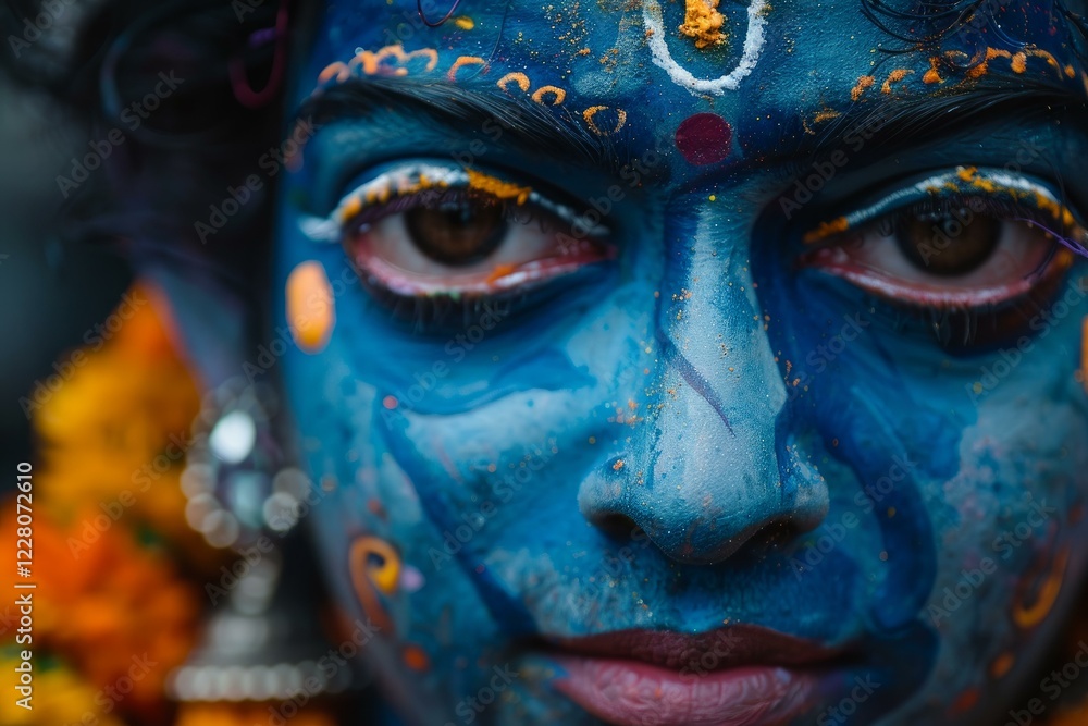 Fototapeta premium Close up portrait of a man with vibrant blue face paint, celebrating the holi festival in india