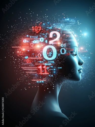 Digital Mind: Data Stream and Consciousness - An abstract depiction of a human head with binary code and numbers flowing from within