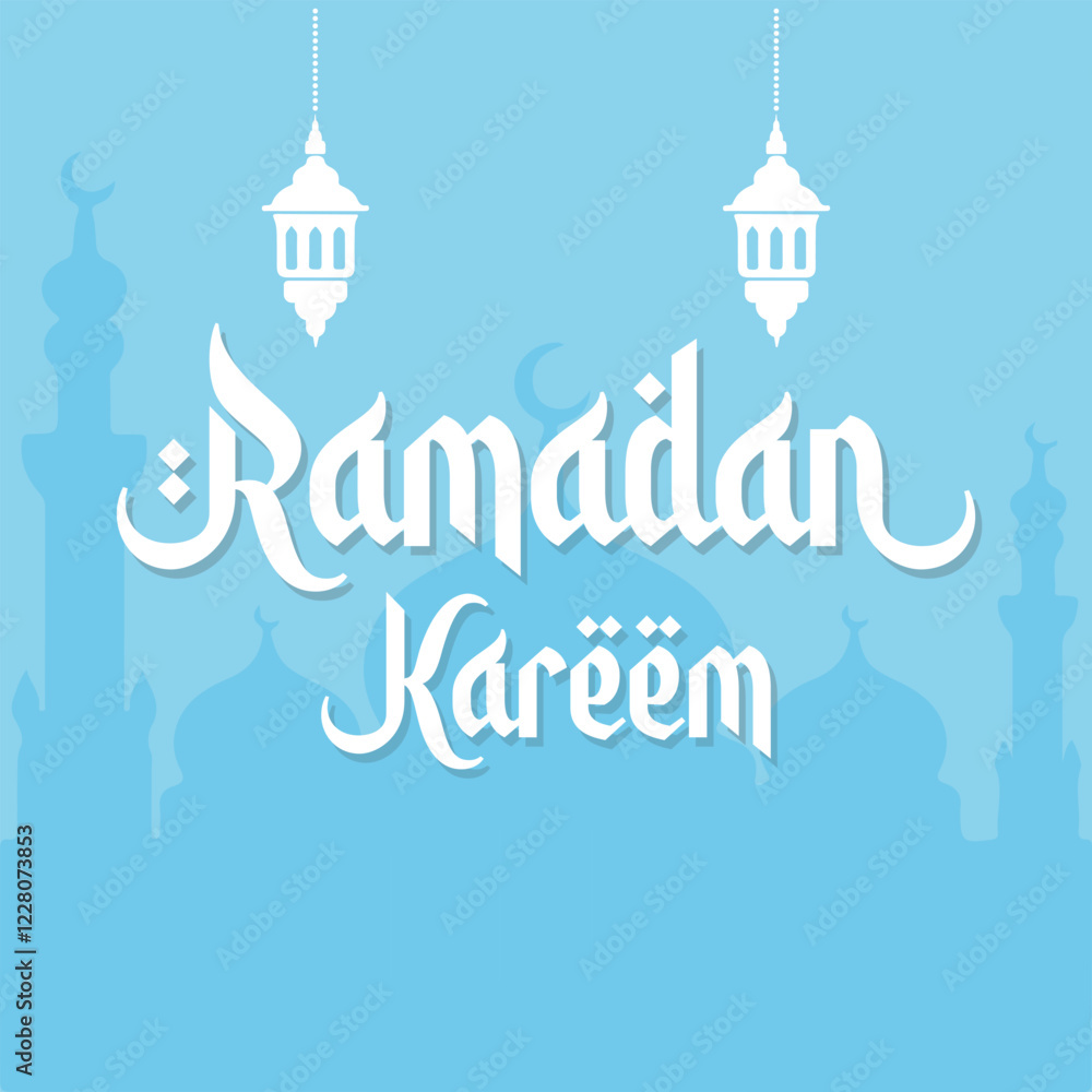 Obraz premium Ramadan Kareem Vector Design with Mosque, Hanging Lamps and Moon | Islamic Festival Art