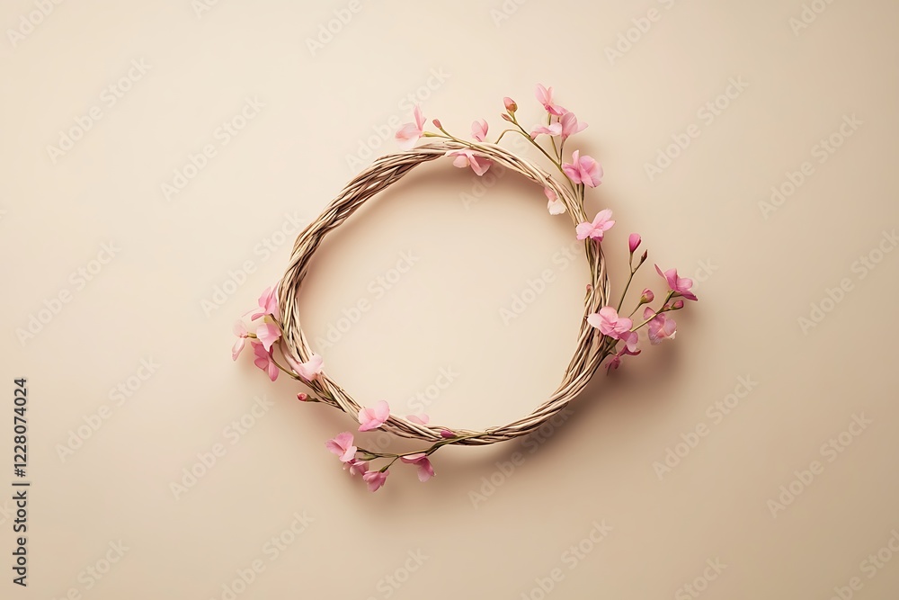 A delicate wreath of pink flowers on a beige background A delicate wreath of pink flowers on a beige background