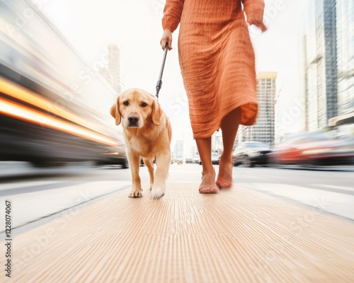 Urban Accessibility Focus Young Indian Woman with Guide Dog on Textured Tactile Walkway - Inclusive Infrastructure and Adaptive City Design for Modern Urban Living photo