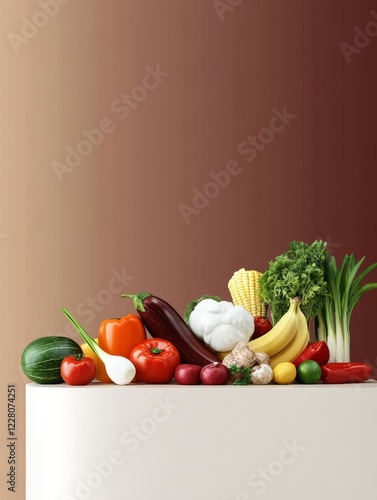 Fresh Produce Abundance - A vibrant collection of fresh fruits and vegetables arranged on a white surface against a brown background.  Healthy eating concept. photo