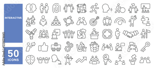 Set of 50 line icons related to interactive, helpful, workshop, communicative, powerful, donation, social, friendly, respect, volunteer, handshake, Editable stroke. Vector illustration