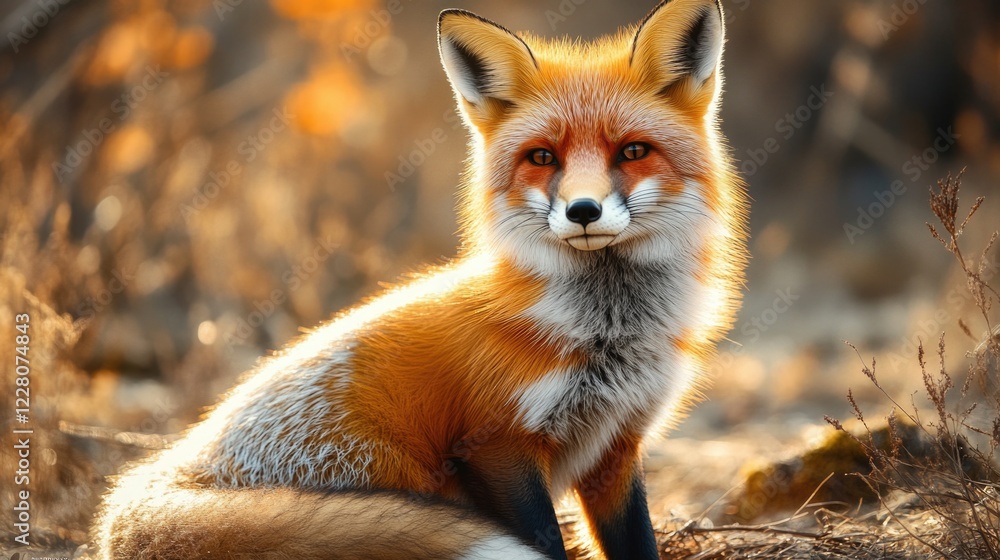 Naklejka premium Red fox cub sitting alertly on the ground, looking forward.