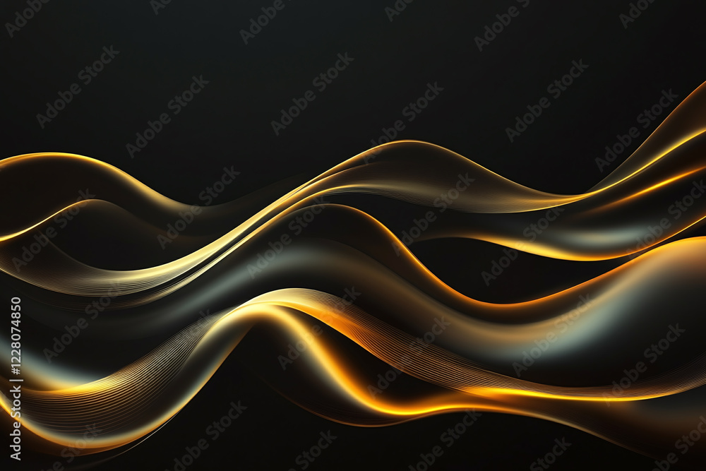 Elegant Flowing Golden Waves with Glowing Particles on a Dark Background, Abstract Futuristic Texture and Luxury Artistic Design Elegant Flowing Golden Waves with Glowing Particles on a Dark Background, Abstract Futuristic Texture and Luxury Artistic Design
