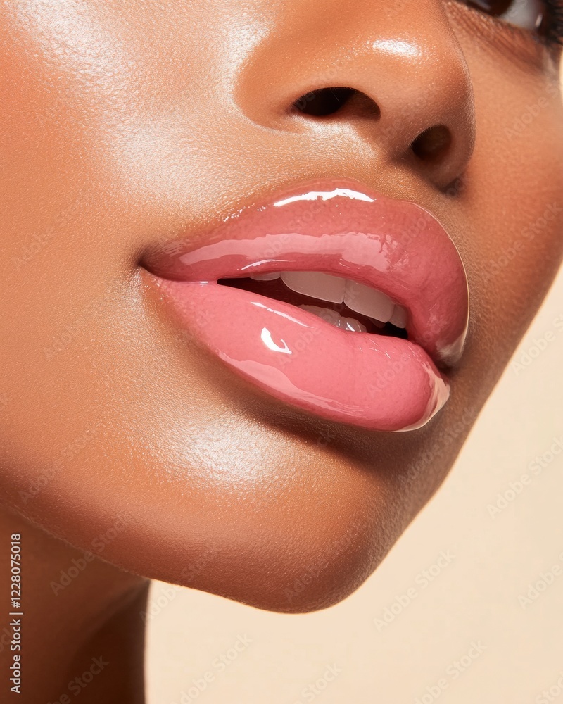 Obraz premium Glossy Pink Lip Focus Contemporary Beauty Close-Up of Black Woman, 25 - Perfect for Skincare Promotion and Digital Brand Styling with Natural Radiance
