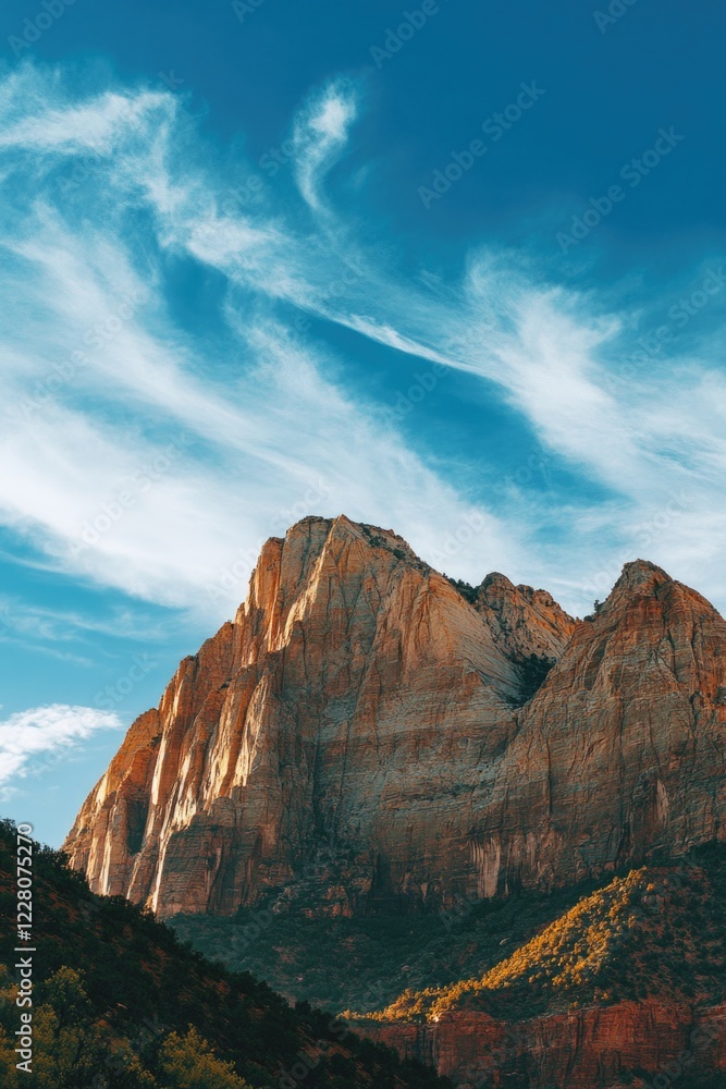Obraz premium Imposing mountain peak standing tall in the desert landscape of Zion National Park, USA.