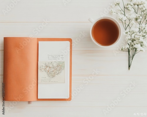 Handcrafted Adventure Journal Handwritten Maps and Pressed Botanicals on Minimalist Wood Desk with Tea - Analog Creativity and Cultural Tourism Inspiration photo