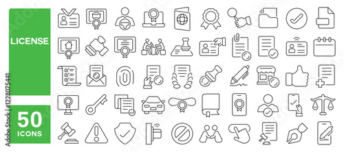 Set of 50 line icons related to license, identity, legal, document, certificate, driving, warranty, scholarship, degree, qualification, Editable stroke. Vector illustration