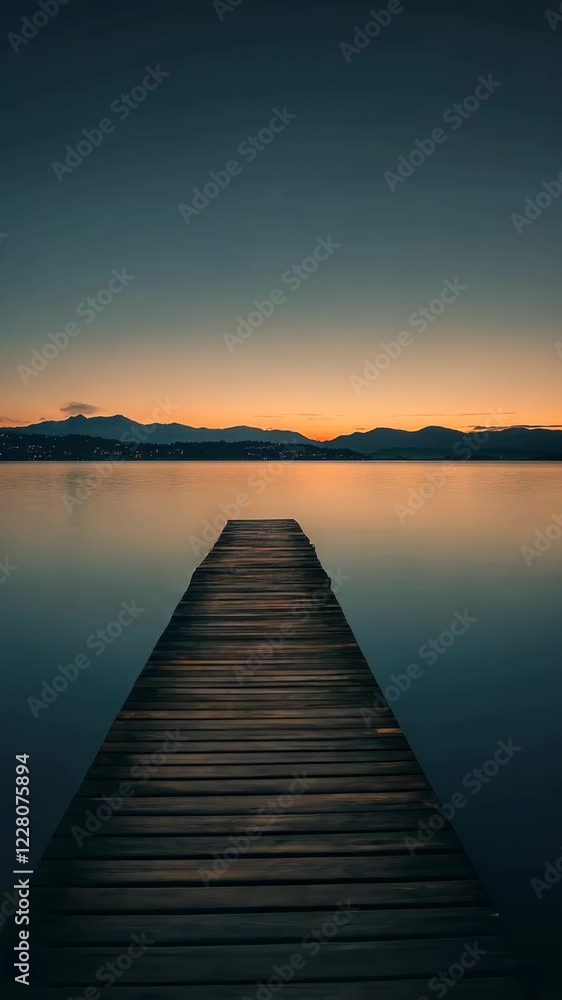 Serene wooden pier extending into calm waters under a twilight sky with distant mountains Serene wooden pier extending into calm waters under a twilight sky with distant mountains