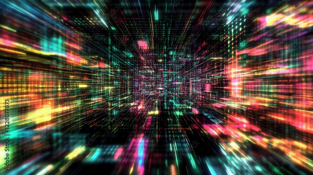 Colorful abstract digital grid with vivid lights creating a sense of motion representing technology and data flow. Generative AI Colorful abstract digital grid with vivid lights creating a sense of motion representing technology and data flow. Generative AI