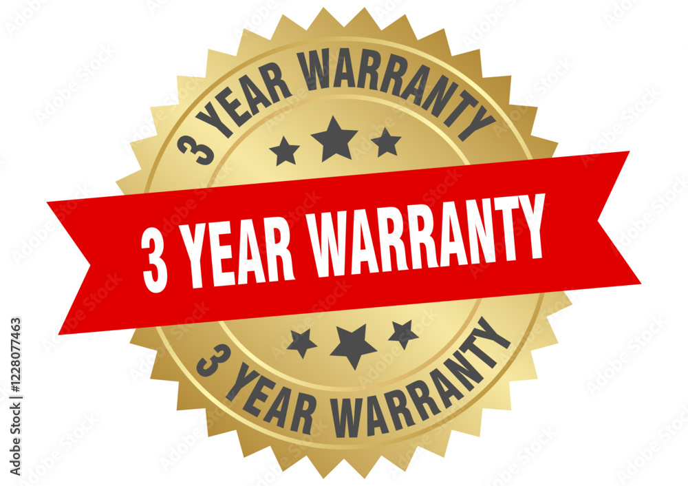 3 year warranty. 3 year warranty round red and gold label isolated on transparent background 3 year warranty. 3 year warranty round red and gold label isolated on transparent background