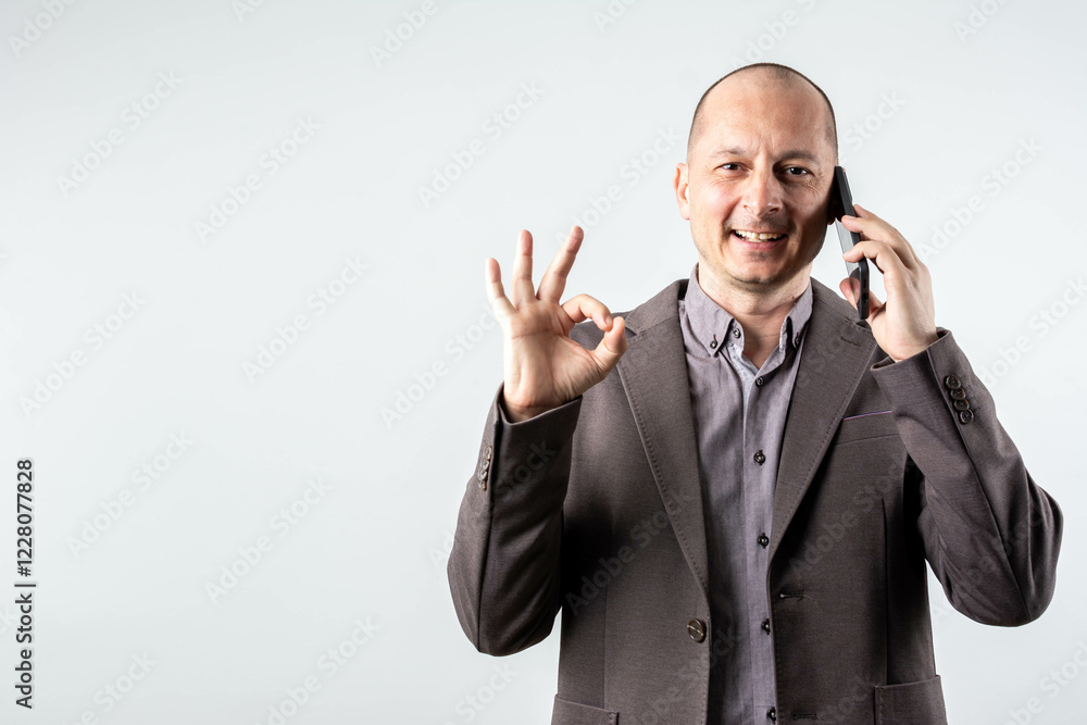 Portrait of satisfied businessman using smart phone and showing OK gesture against grey background
Portrait of satisfied businessman using smart phone and showing OK gesture against grey background