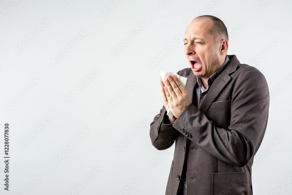 Man sneezing in a tissue indoor. Pollen allergy, Springtime. Man sneezing in a tissue indoor. Pollen allergy, Springtime.