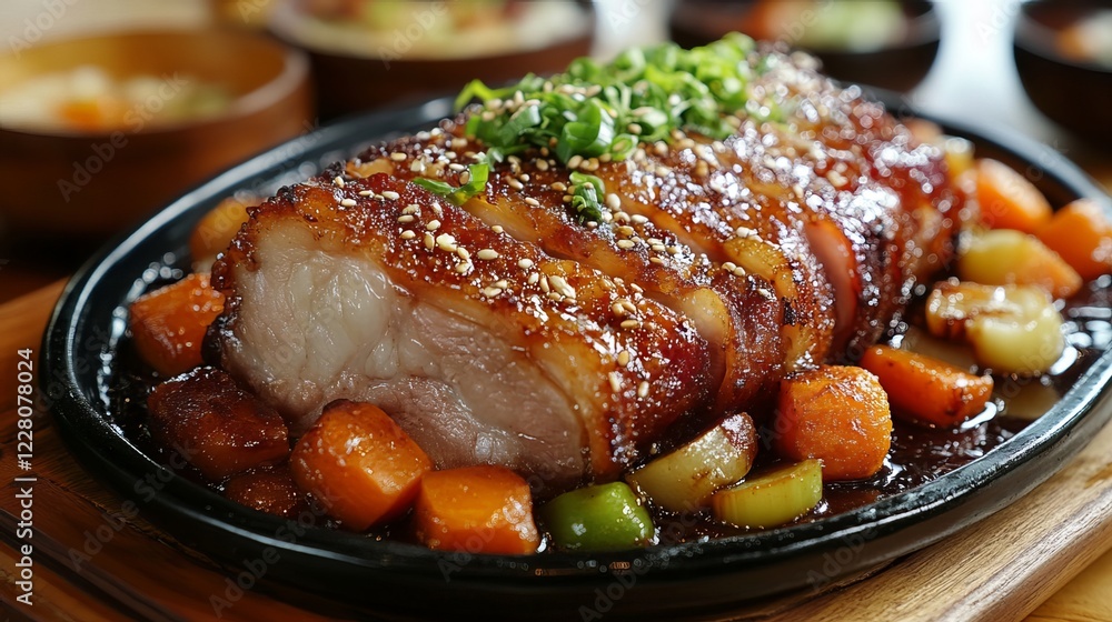 Sink your teeth into Korea's iconic roast pork dinner, a mouthwatering symphony of succulent pork, tender vegetables, and a tantalizing sauce. This culinary masterpiece features roasted pork belly Sink your teeth into Korea's iconic roast pork dinner, a mouthwatering symphony of succulent pork, tender vegetables, and a tantalizing sauce. This culinary masterpiece features roasted pork belly