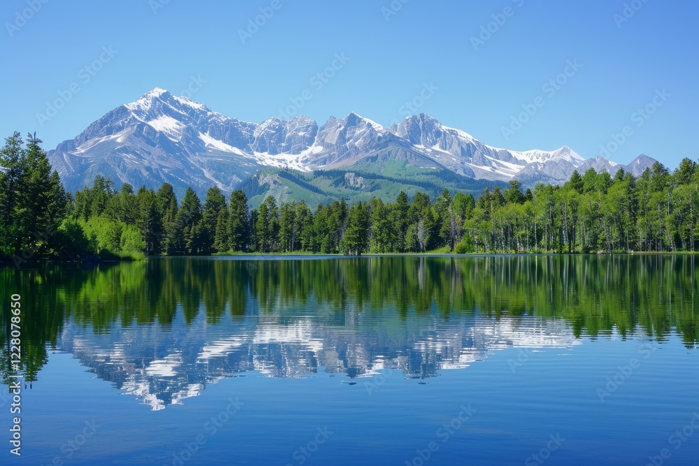 Tranquil lake mirroring snowy peaks and verdant forest under a clear blue sky Tranquil lake mirroring snowy peaks and verdant forest under a clear blue sky