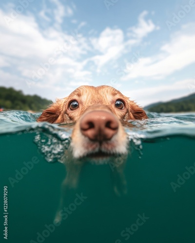 Emerging Canine Adventure Trend Dog Retrieves Toy in Scenic Lake - Promoting Pet Safety Gear and Active Lifestyle for Outdoor Enthusiasts photo