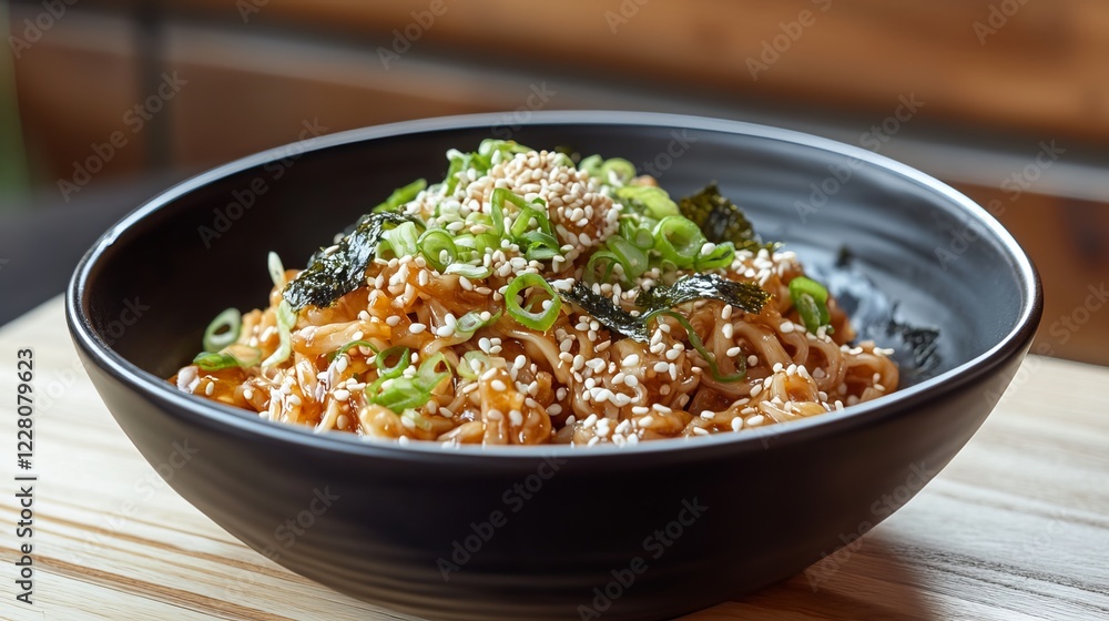Stir-fried instant noodles seasoned with spices and garnished with white sesame seeds, seaweed, and spring onions, presented in a black bowl against a wooden backdrop, showcasing Asian cuisine. Stir-fried instant noodles seasoned with spices and garnished with white sesame seeds, seaweed, and spring onions, presented in a black bowl against a wooden backdrop, showcasing Asian cuisine.