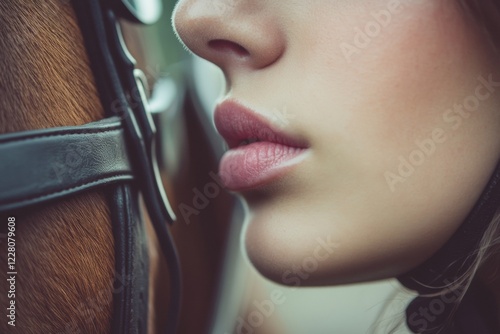 Rustic Equestrian Aesthetics Soft Pink Lip Focus with Riding Helmet and Horse Mane Texture - Fashion Marketing and Serene Lifestyle Branding photo