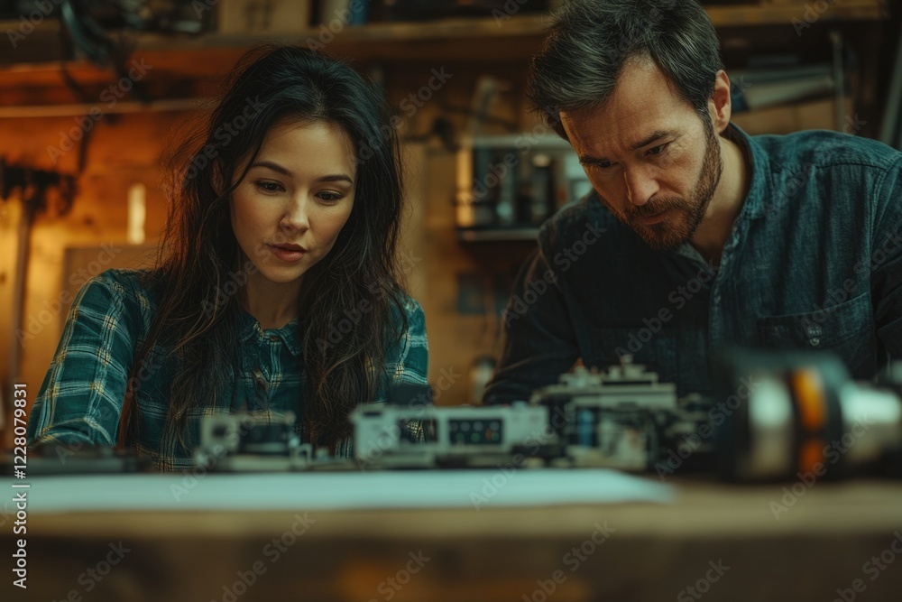 A man and woman collaborate intently on a complex technical project, examining intricate components with focused attention. A man and woman collaborate intently on a complex technical project, examining intricate components with focused attention.