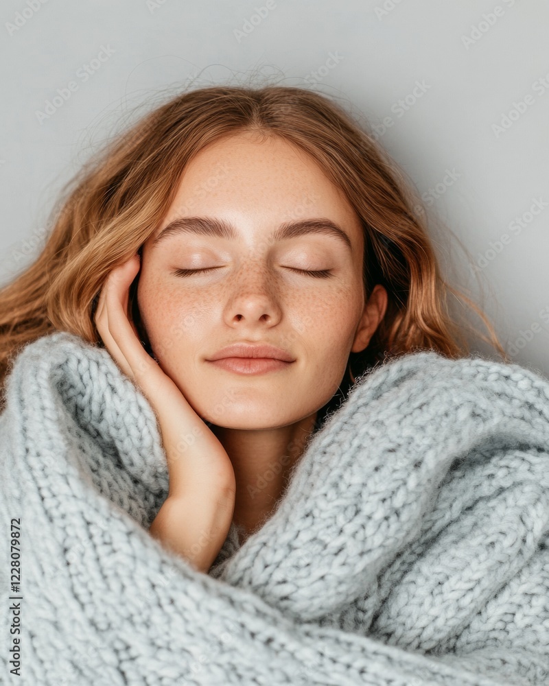 Scandinavian Cozy Rest Young Caucasian Woman Relaxing in Plush Knit Blanket - Modern Lifestyle Wellness Content for Calm Promotion and Home Decor Inspiration Scandinavian Cozy Rest Young Caucasian Woman Relaxing in Plush Knit Blanket - Modern Lifestyle Wellness Content for Calm Promotion and Home Decor Inspiration