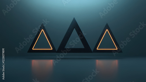 A 3D rendering of three black triangles with orange neon lights. photo