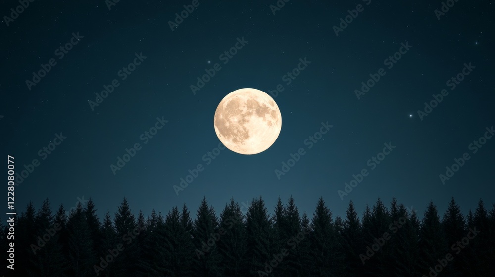Celestial Nightscape Full Moon Over Forest Horizon with Starry Sky - Nature-Inspired Visuals for Eco-Friendly Marketing and Travel Industry Promotion Celestial Nightscape Full Moon Over Forest Horizon with Starry Sky - Nature-Inspired Visuals for Eco-Friendly Marketing and Travel Industry Promotion