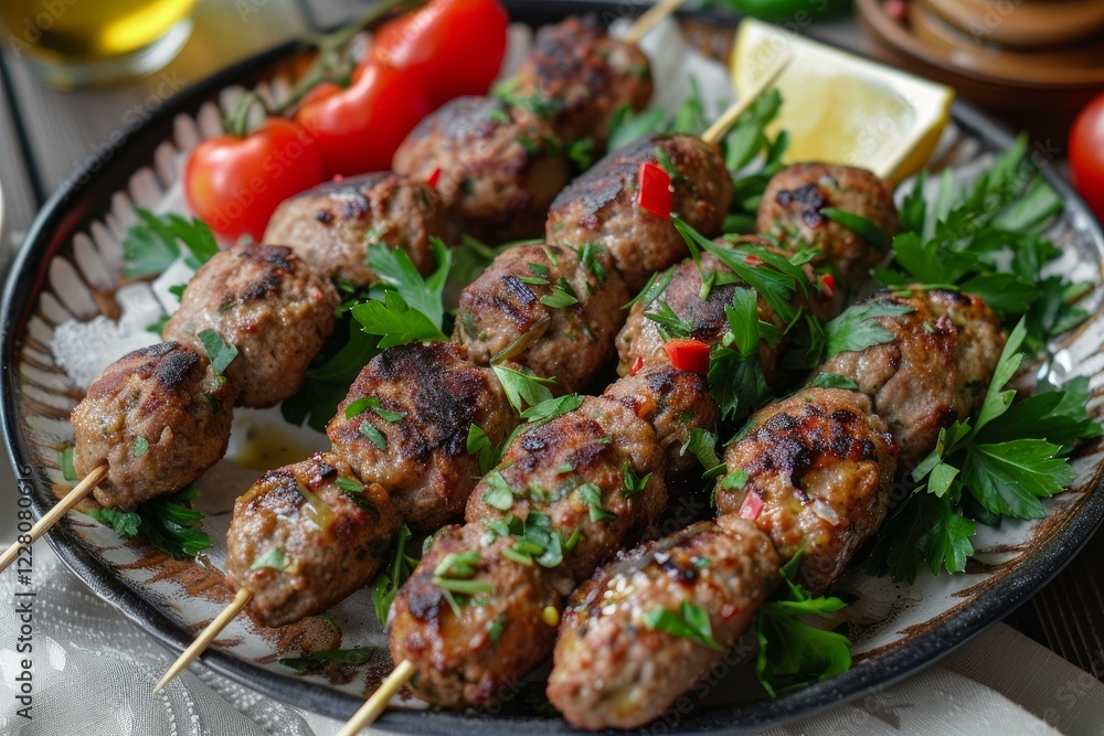 Juicy kofta kebabs grilling on skewers, garnished with fresh parsley, tomatoes, and lemon wedges Juicy kofta kebabs grilling on skewers, garnished with fresh parsley, tomatoes, and lemon wedges