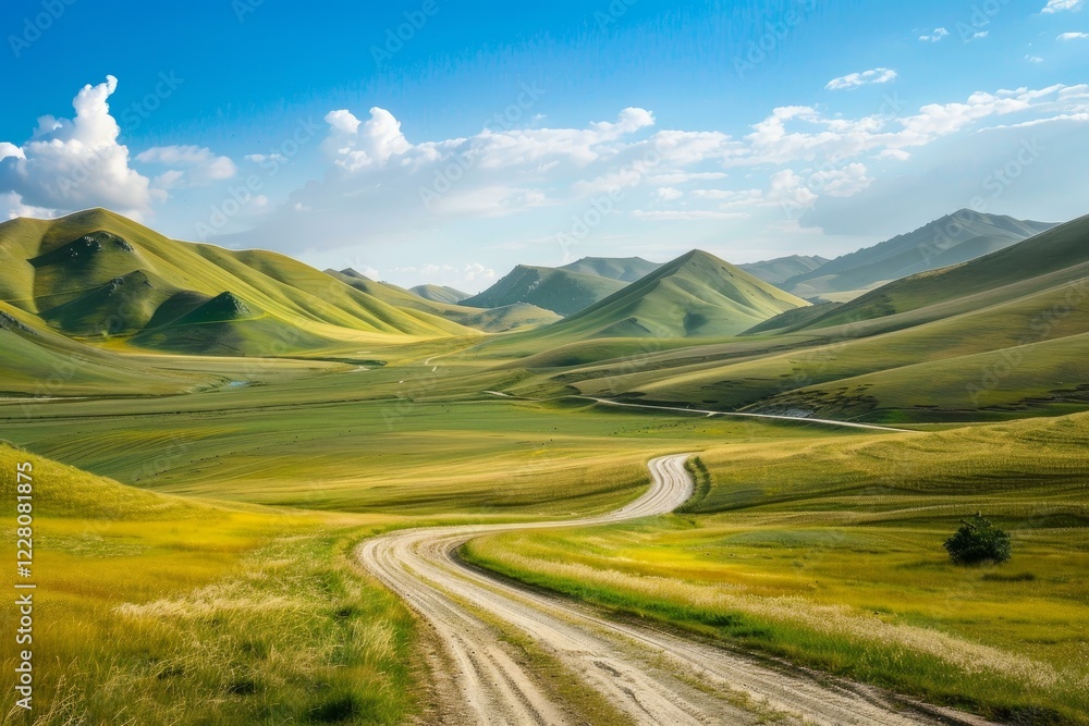Scenic landscape showcasing a winding dirt road amidst the vibrant green plains of castelluccio di norcia, with rolling hills and a picturesque blue sky Scenic landscape showcasing a winding dirt road amidst the vibrant green plains of castelluccio di norcia, with rolling hills and a picturesque blue sky