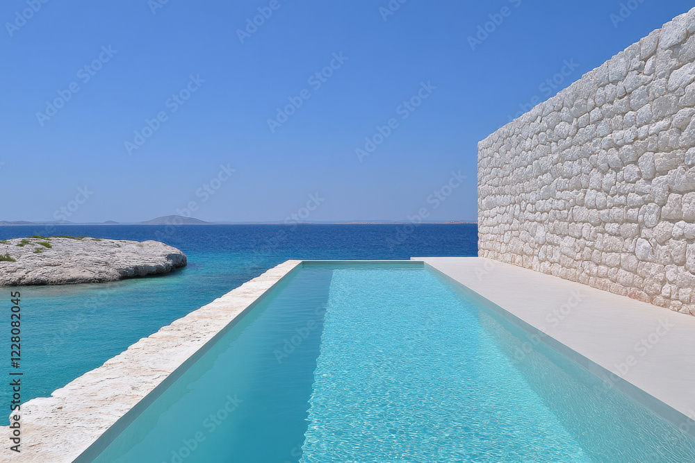 Fototapeta premium A pool with a wall of stone and a body of water in the background