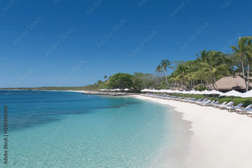 A beach with a clear blue ocean and palm trees A beach with a clear blue ocean and palm trees
