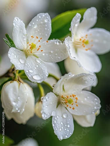 White and pink cherry blossoms with clear droplets of rain, highlighting the delicate petals and vibrant colors.