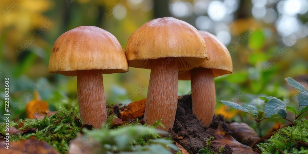 Close up of two mushrooms on the ground with forest leaves around them. Close up of two mushrooms on the ground with forest leaves around them.