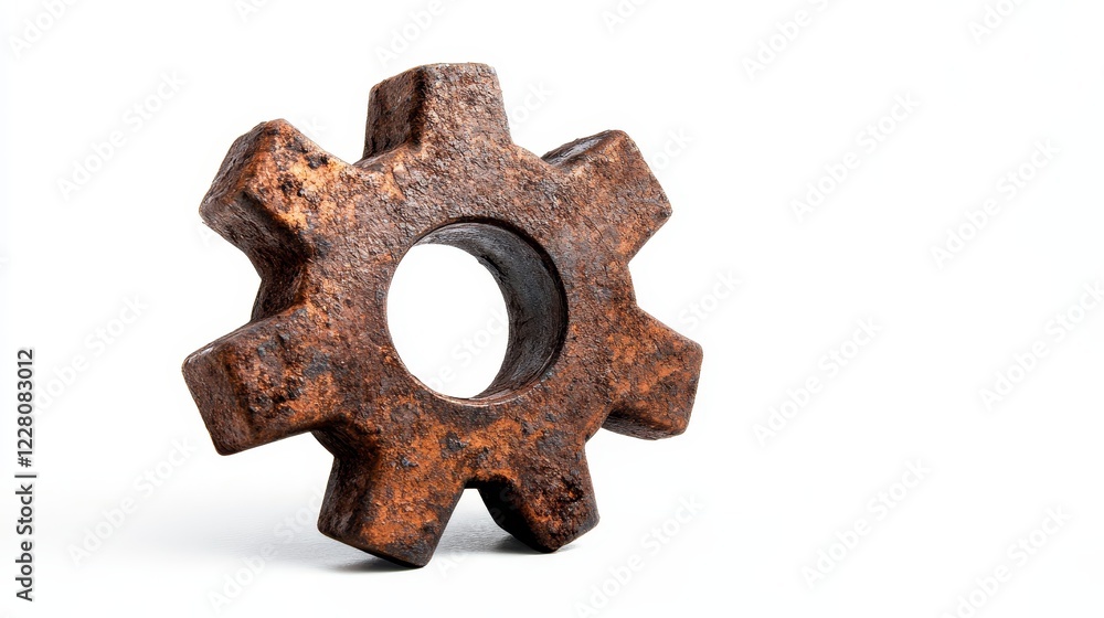 Rusty Metal Gearwheel - Close-up of a single rusty metal gearwheel on a white background.  Industrial, mechanical, aged texture.