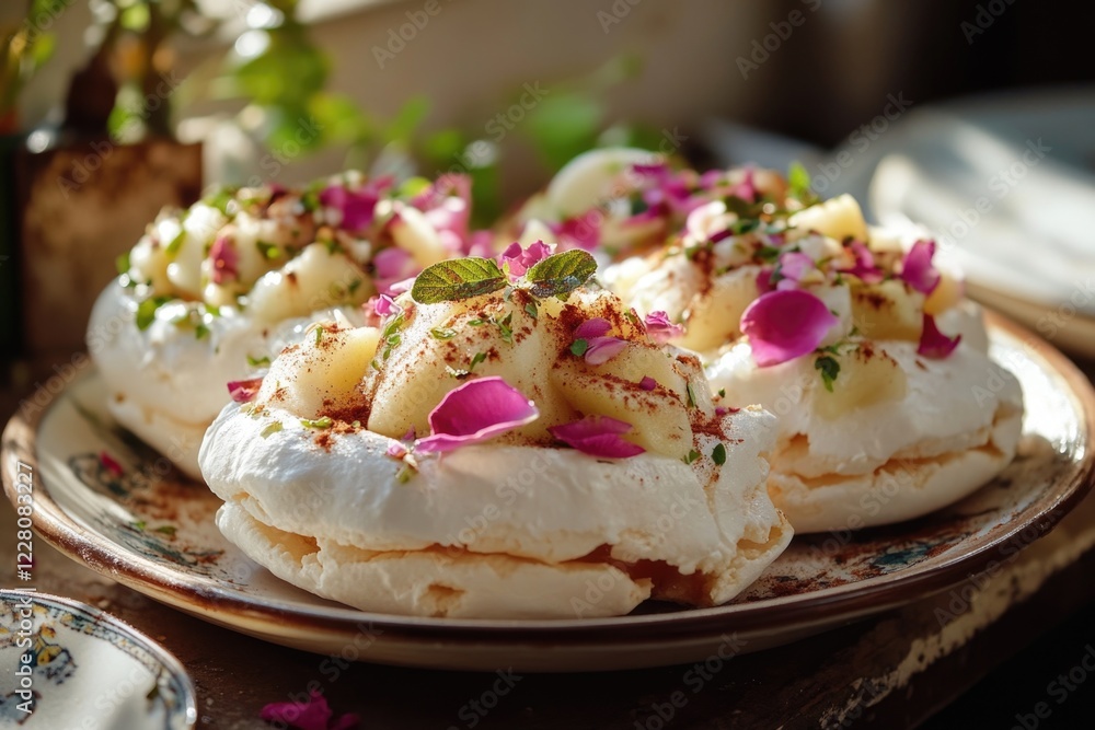 Assorted pastries with berry garnish and powdered sugar on a small plate. Assorted pastries with berry garnish and powdered sugar on a small plate.