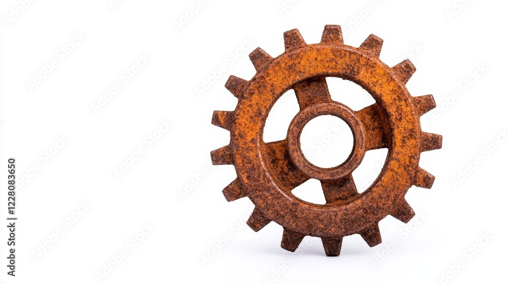 Rusty Metal Gear Isolated on White - Old, rusty gear, symbolizes time, industry, mechanics, progress, and heritage.  A symbol of vintage industrial machinery.