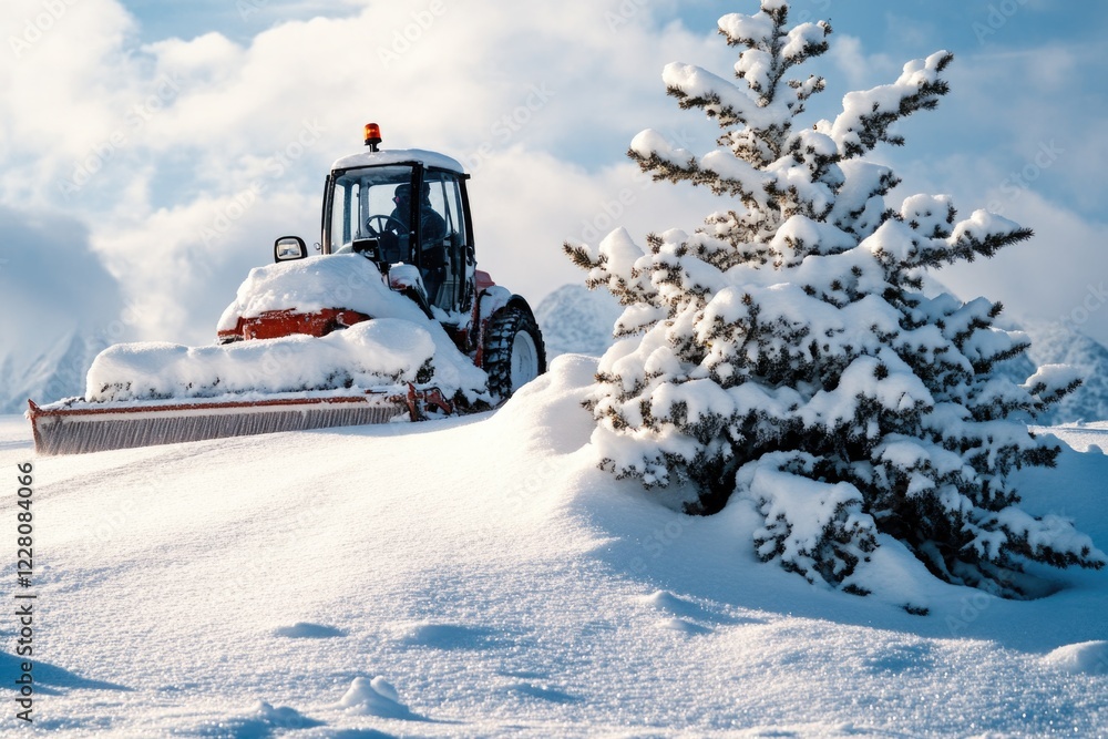 A snowy field with farm equipment ready for work. A snowy field with farm equipment ready for work.