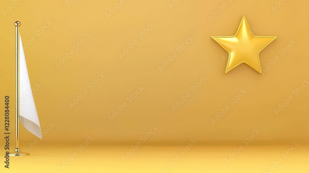 Obraz premium Panoramic 3D Gold Star and White Flag Photography - Achievement, success, victory, honor, and excellence symbolized in a 3D of a gold star and a white flag against a golden backdrop.