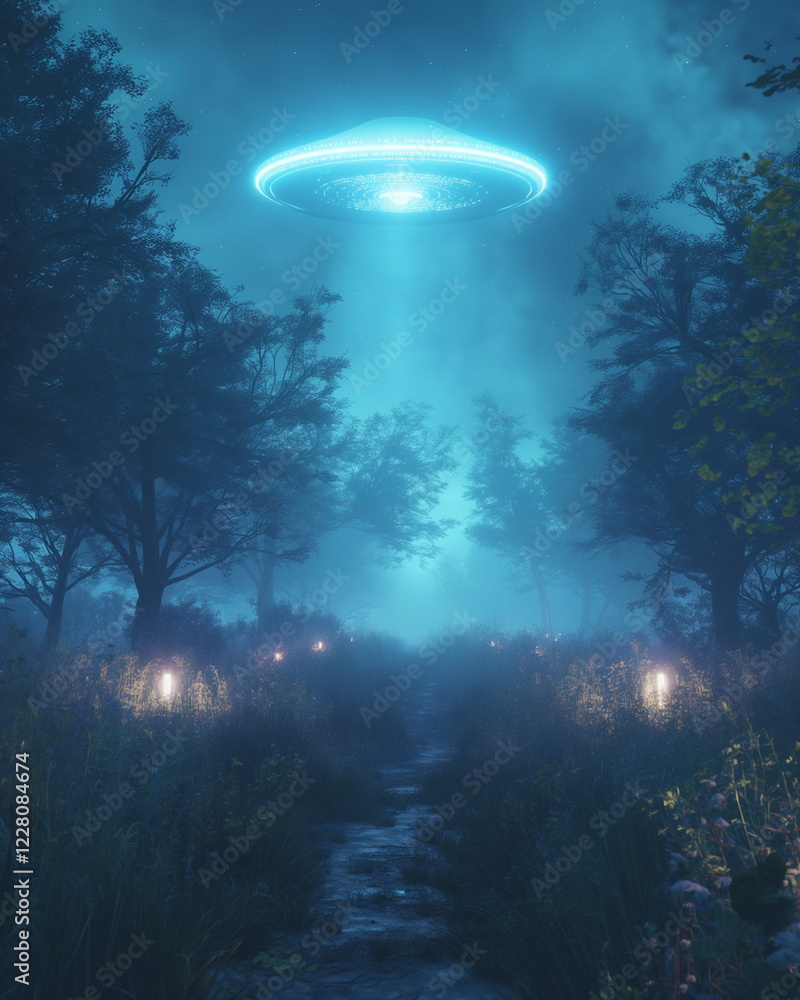 Fototapeta premium The flying saucer surrounded by a faint bluish glo_022