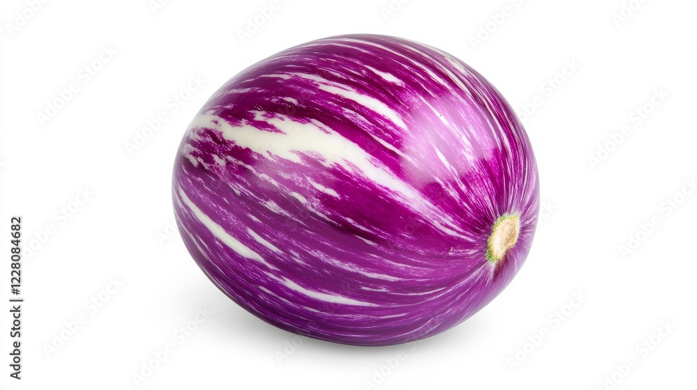 Fototapeta premium Fresh Striped Eggplant on White Background - A vibrant purple and white striped eggplant isolated on a pure white background. Perfect for culinary or healthy eating themes.